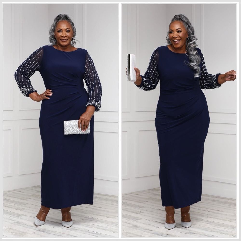 NWT Marina Women's Beaded Long Sleeve Formal Gown in Navy Sz 3X